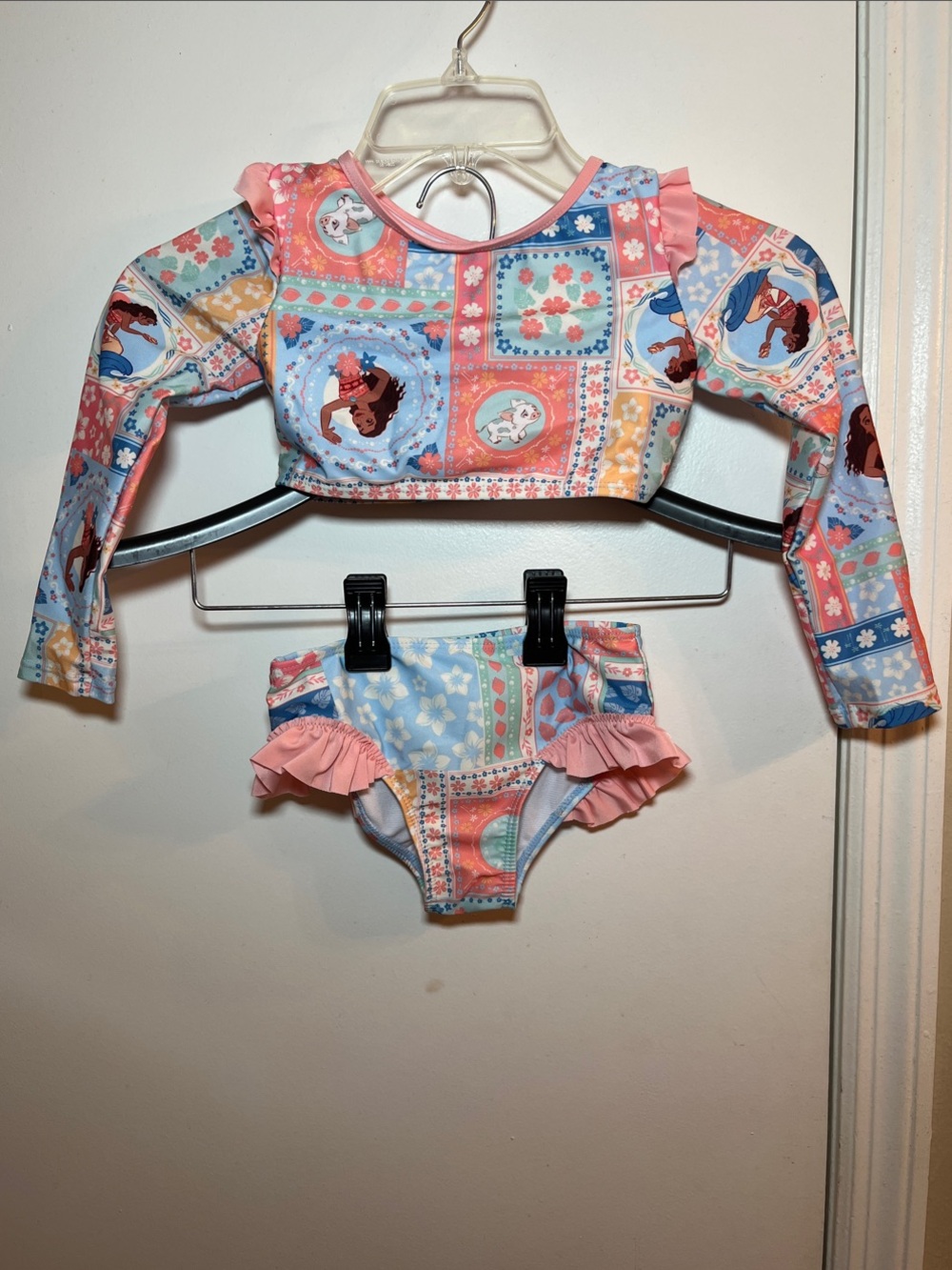Disney Moana Girls' Long Sleeve Rashguard Set - Pink Blue Coral Patchwork